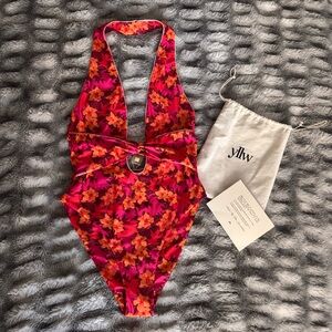 YLLW mina one piece FIRE red pink floral flower swimsuit halter yellow the label